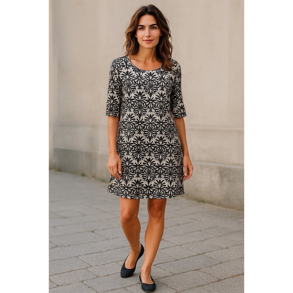 Lola Lyse Black &‎ Beige Patterned Knit Dress Above Knee Short Sleeve